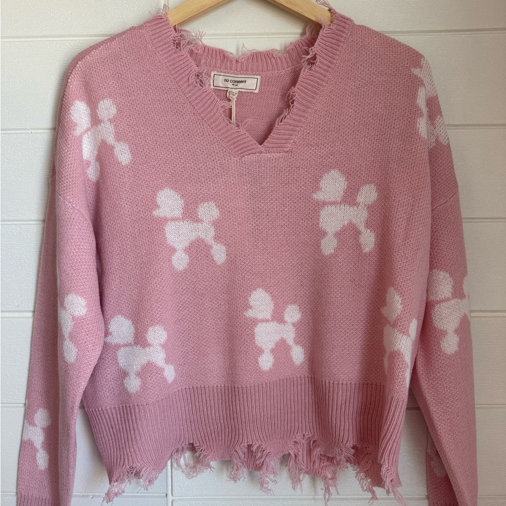 New Pink V-Neck Sweater with Poodle Pattern & Distressed Trim